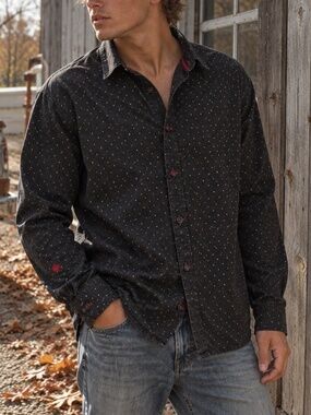 Point Zero Black Dot-Print Button-Down Shirt with Red Accents
